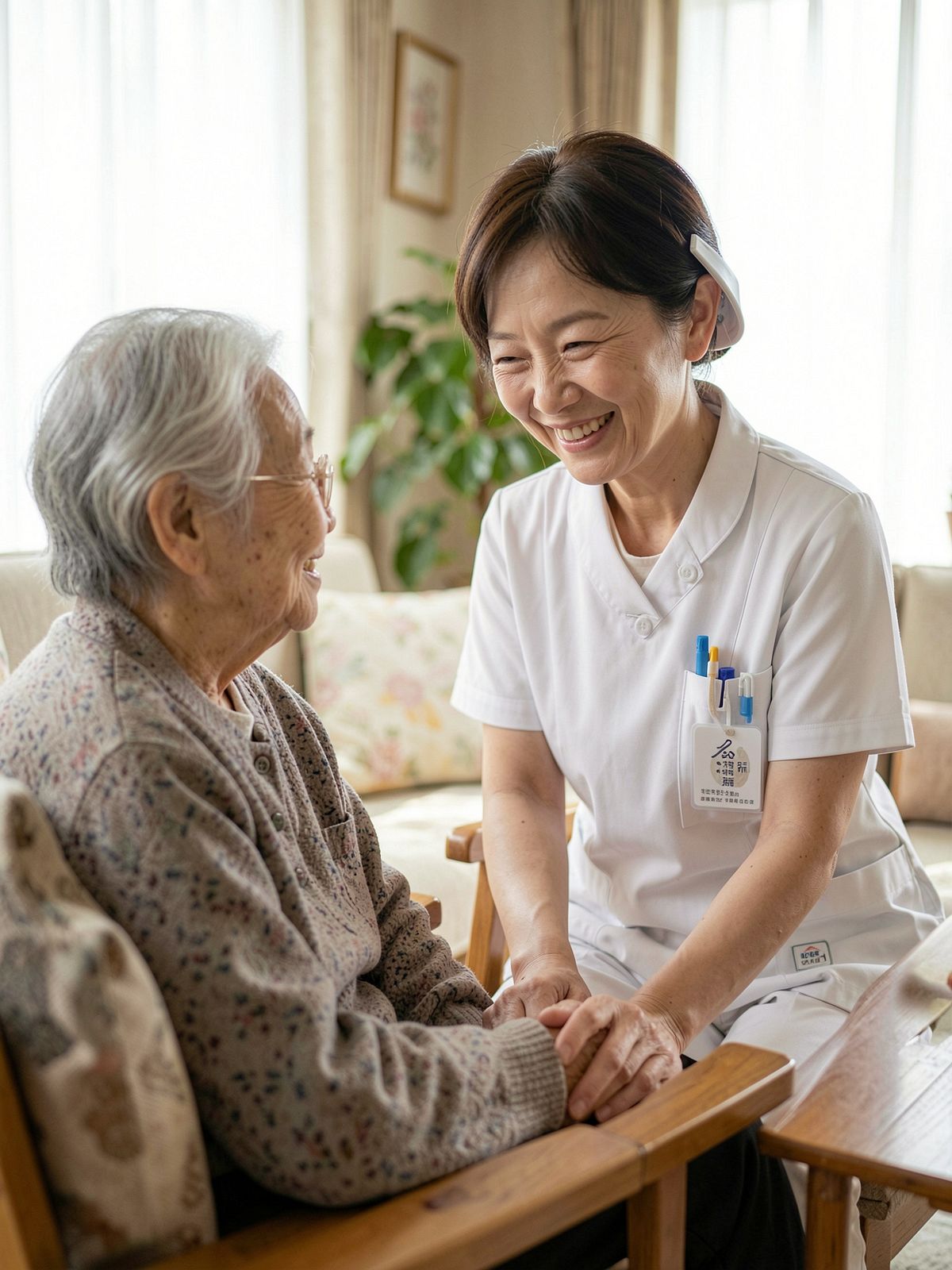 高齢者と笑顔で接する看護師